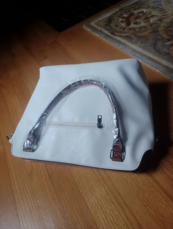 WHITE & BROWN SHOULDER BAG w/GENUINE LEATHER ACCENTS/TRIM-(NEW) - Picture 9 of 10